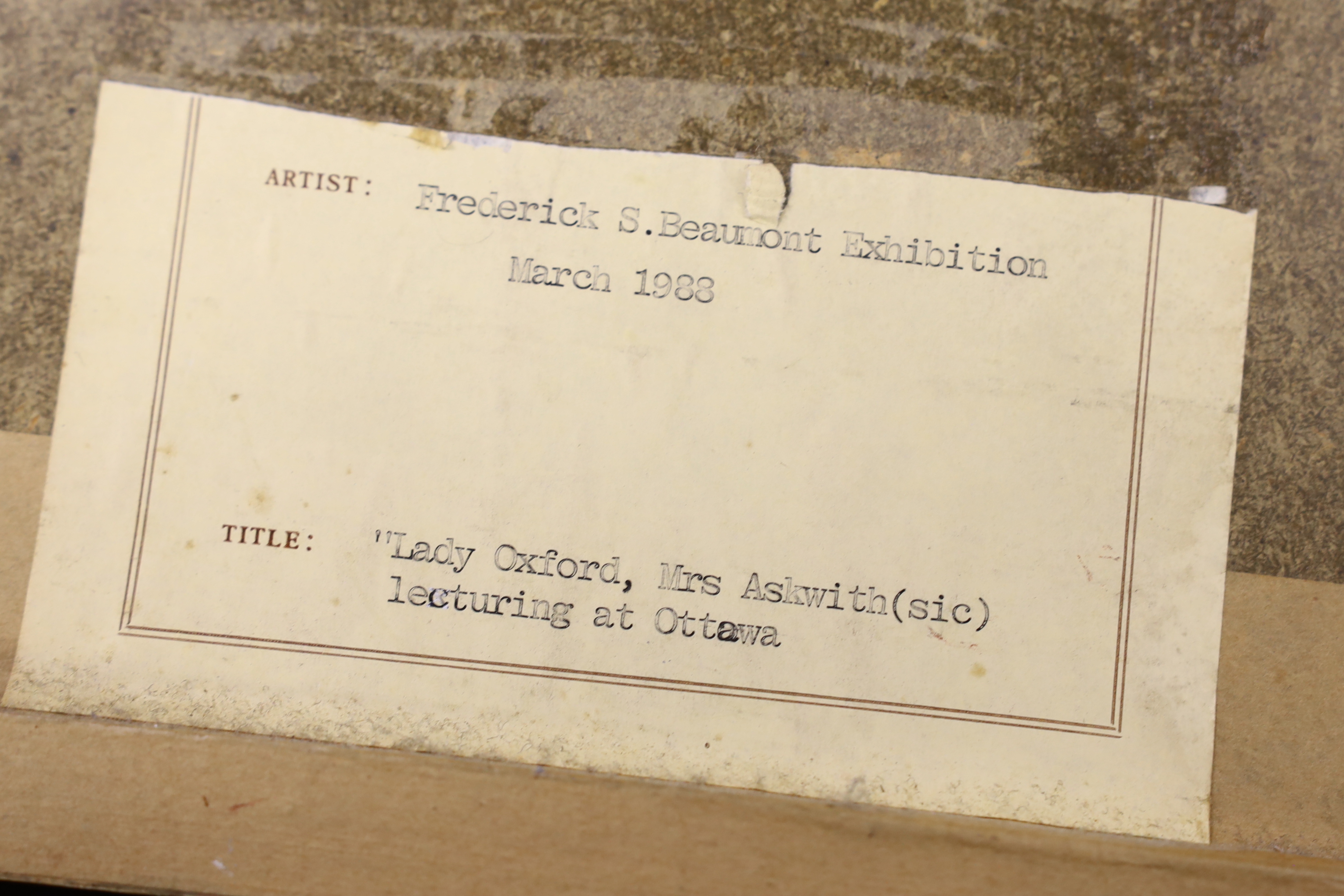 Frederick Samuel Beaumont (British, 1861-1954), pencil drawing, 'Lady Oxford, Mrs Askwith (sic) lecturing at Ottawa', exhibition label verso, 19 x 12.5cm.